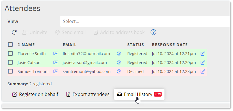 Clicking Email History from Attendees page