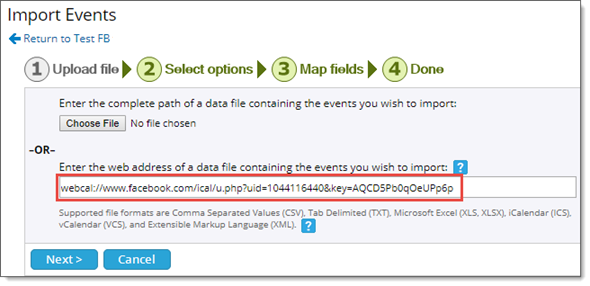 Paste webcal link in Trumba