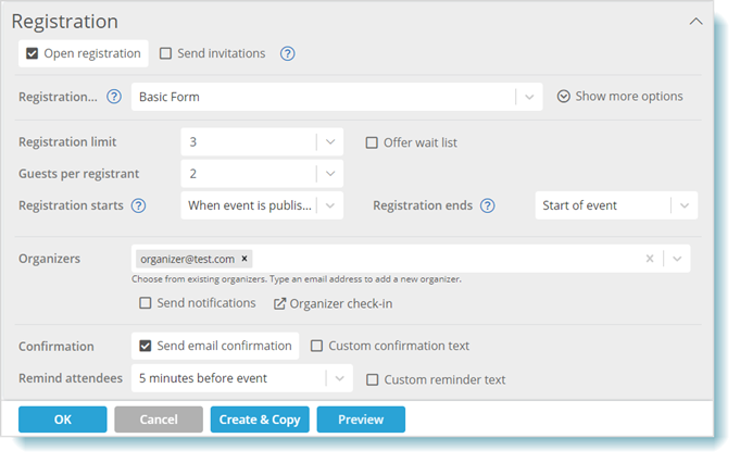 Streamlined event Registration set up process