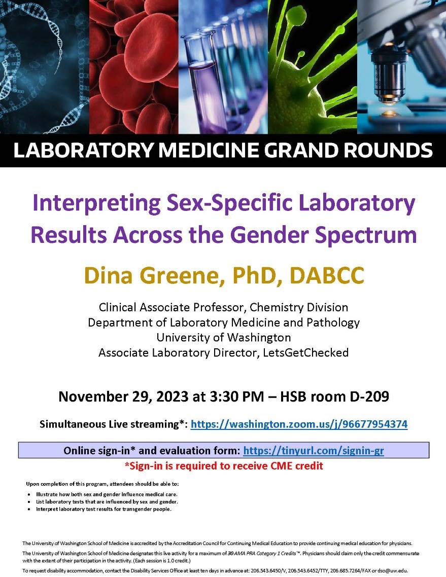 LabMed Grand Rounds: Dina Greene, PhD, DABCC - Interpreting Sex-Specific  Laboratory Results Across the Gender Spectrum, Wednesday, Nov 29, 2023,  3:30 - 4:30 p.m. - LabMed Grand Rounds: Dina Greene, PhD, DABCC -