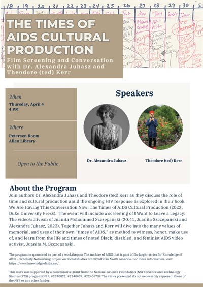 The Times of AIDS Cultural Production: Film Screening and Conversation with Dr. Alexandra Juhasz and Theodore Kerr