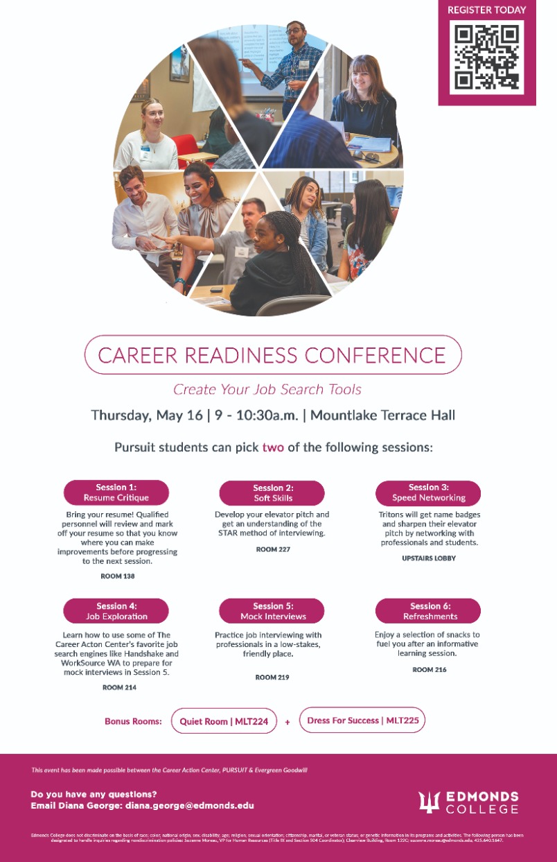 Career Readiness Expo (Pursuit Population Event) (Hosted on Campus),  Thursday, May 16, 2024, 9 - 10:30am - Find Your Career | Edmonds College