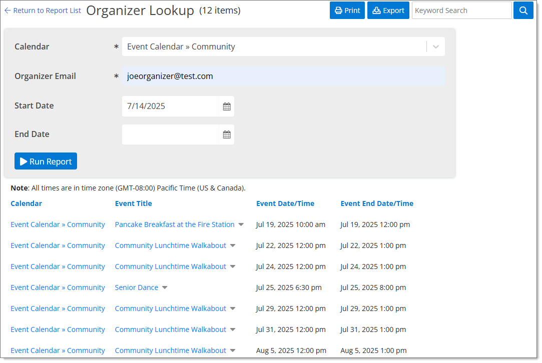 Organizer lookup report